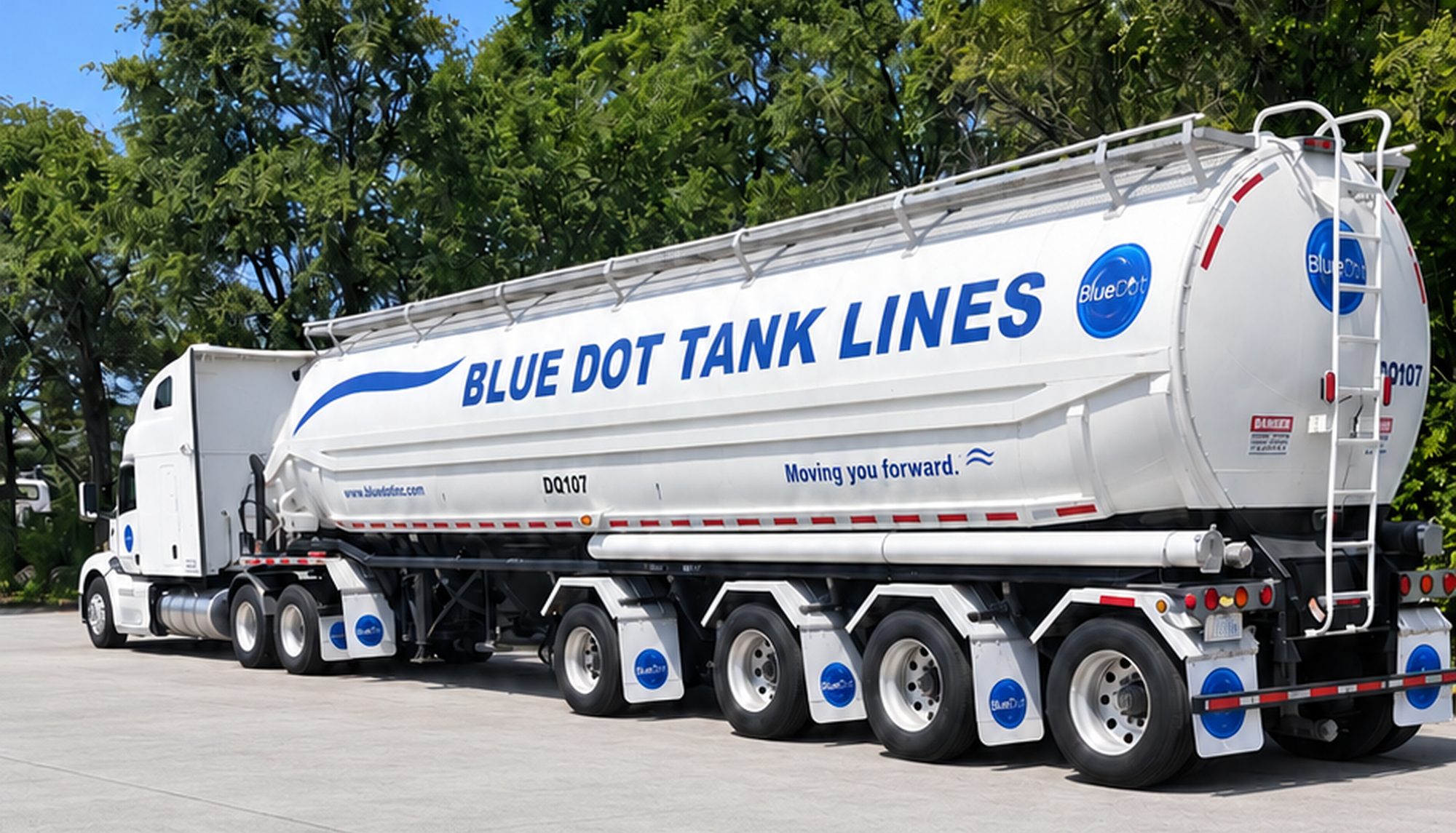 Blue Dot Tank Lines white dry bulk tanker DQ107 with tractor