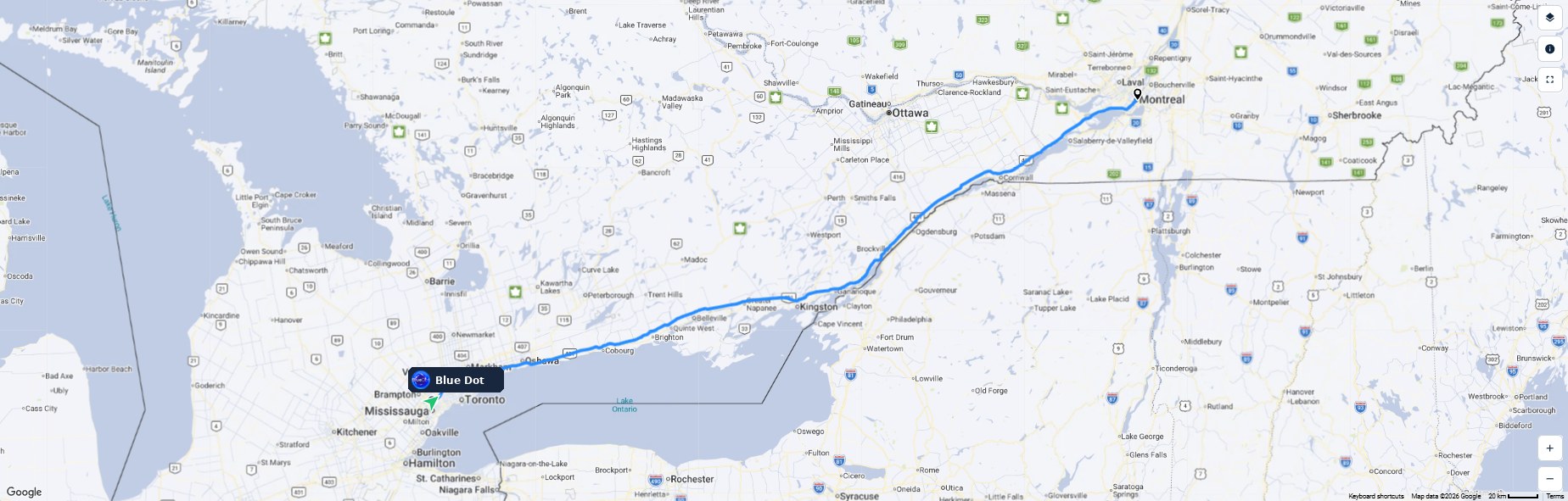 Example live tracking link showing a Blue Dot tanker en route from Toronto to Montreal on a map